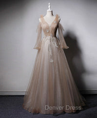 Champagne V Neck Tulle Lace Long Prom Dresses, Champagne Formal Evening Dresses