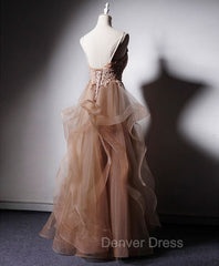Champagne V Neck Tulle Lace Long Prom Dresses, Champagne Graduation Dresses