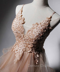 Champagne V Neck Tulle Lace Long Prom Dresses, Champagne Graduation Dresses