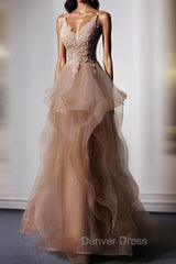 Champagne V Neck Tulle Lace Long Prom Dresses, Champagne Graduation Dresses