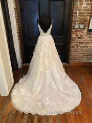 Champagne v neck tulle lace long prom Dresses, champagne lace evening Dresses