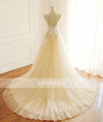 Champagne V Neck Tulle Lace Long Prom Dresses, Champagne Tulle Evening Dresses