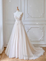 Champagne V Neck Tulle Lace Long Prom Dresses Evening Dresses A Line Sleeveless Formal Dresses