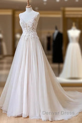 Champagne V Neck Tulle Lace Long Prom Dresses Evening Dresses A Line Sleeveless Formal Dresses