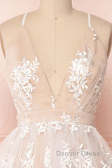 Champagne v neck tulle lace short prom Dresses champagne tulle bridesmaid Dresses