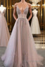 Champagne v neck tulle long prom Dress, champagne Prom Dresses