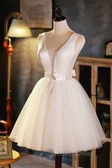Champagne V-Neck Tulle Short Prom Dresses, Champagne Homecoming Dresses