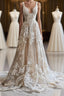 Champagne Vintage A-Line Spaghetti Strap Lace Tulle Long Prom Dresses Wedding Dresses