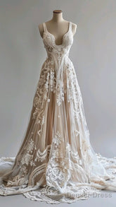 Champagne Vintage A-Line Spaghetti Strap Lace Tulle Long Prom Dress Wedding Dress