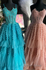 Periwinkle Lace Sweetheart Tiered Long Prom Dresses with Ruffles