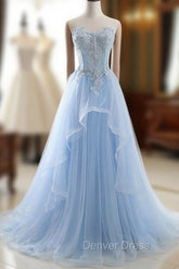 CHARLIZE |Ball Gown Sweetheart Tulle Sky Blue Prom Party Gowns with Sequins