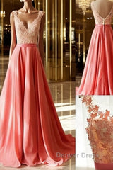 Charming A-Line Appliques V-Neck Lace Long Prom Dresses, Long Formal Dresses