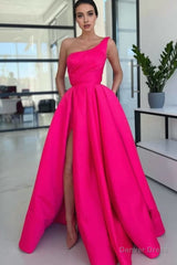Charming A Line One Shoulder Fuchsia Sequins Long Prom Dresses with Slit