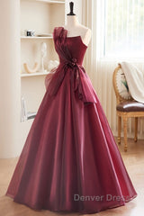 Charming And Elegant Wine Red Sleeveless Off Shoulder Ball Dresses, Wine Red A-Shaped Princess Strapless Butterfly Tie With Backless Strap And Ground Length Prom Dresses