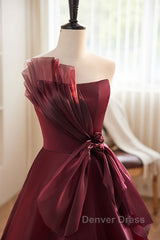 Charming And Elegant Wine Red Sleeveless Off Shoulder Ball Dresses, Wine Red A-Shaped Princess Strapless Butterfly Tie With Backless Strap And Ground Length Prom Dresses