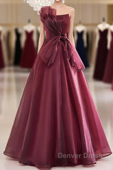 Charming And Elegant Wine Red Sleeveless Off Shoulder Ball Dresses, Wine Red A-Shaped Princess Strapless Butterfly Tie With Backless Strap And Ground Length Prom Dresses