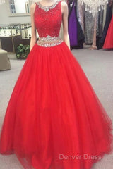 Charming Beaded Red Prom Dresses, Long Prom Dresses, Sexy Red Tulle Evening Dresses