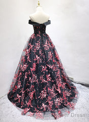 Charming Black Floral Tulle A-Line Party Dress, Prom Dress