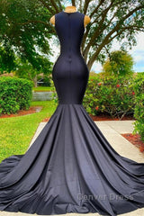 Charming Black Long Mermadi Jewel Satin Tulle Lace Appliques Prom Dresses