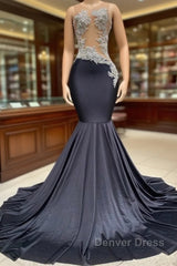 Charming Black Long Mermadi Jewel Satin Tulle Lace Appliques Prom Dresses