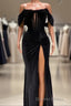 Charming Black Long Mermaid Off the Shoulder Velvet Prom Dresses with Slit