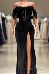 Charming Black Long Mermaid Off the Shoulder Velvet Prom Dresses with Slit