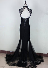 Charming Black Mermaid Backless Long Evening Dresses, High Neckline Prom Dresses