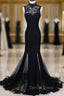 Charming Black Mermaid Backless Long Prom Dress, High Neckline Prom Dresses