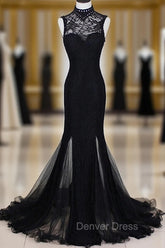Charming Black Mermaid Backless Long Evening Dresses, High Neckline Prom Dresses