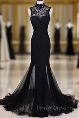 Charming Black Mermaid Backless Long Evening Dresses, High Neckline Prom Dresses
