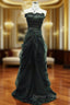 Charming Black Satin and Tulle Straps Beaded Long Prom Dress, A Line Black Prom Dresses