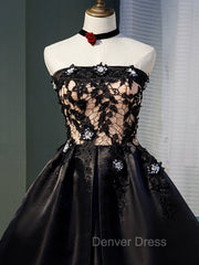Charming Black Satin with Lace Applique Homecoming Dresses, Knee Length Prom Dresses