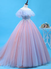 Charming Blue and Pink Tulle Off Shoulder Sweet 16 Dress with Lace, Ball Gown Formal Dress