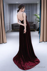 Charming Burgundy Velvet Deep V-Neckline Floor Length Party Dress, A-Line Prom Dress Evening Dresses