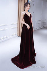 Charming Burgundy Velvet Deep V-Neckline Floor Length Party Dress, A-Line Prom Dress Evening Dresses