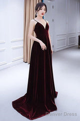 Charming Burgundy Velvet Deep V-Neckline Floor Length Party Dress, A-Line Prom Dress Evening Dresses