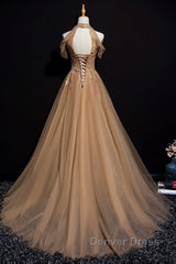 Charming Champagne Tulle Halter Long Party Gown, Prom Dresses