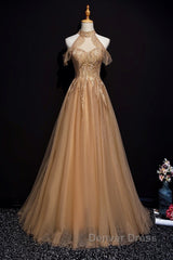 Charming Champagne Tulle Halter Long Party Gown, Prom Dresses