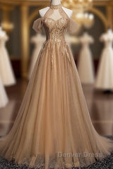 Charming Champagne Tulle Halter Long Party Gown, Prom Dresses