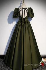 Charming Dark Green Puffy Sleeves Long Evening Gown, Satin Floor Length Prom Dresses