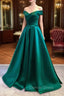 Charming Dark Green Satin Long Junior Prom Dresses, Off Shoulder Prom Gowns