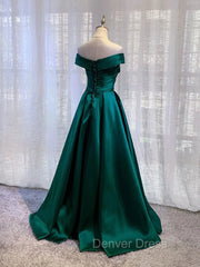 Charming Dark Green Satin Long Junior Prom Dresses, Off Shoulder Evening Gown