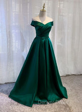 Charming Dark Green Satin Long Junior Prom Dresses, Off Shoulder Evening Gown