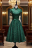 Charming Dark Green Tea Length High Neckline Prom Dress, Wedding Prom Dresses