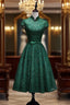 Charming Dark Green Tea Length High Neckline Party Dresses, Wedding Party Dresses