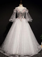Charming Floral And Lace Ball Gown Sweet 16 Dress, Light Grey Party Dress