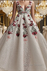 Charming Floral Embroidery Long Prom Dresses V Neck A Line Party Dresses