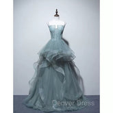 Charming Green Tulle Straps Layers Long Formal Dresses, Tulle Party Dresses Prom Dresses