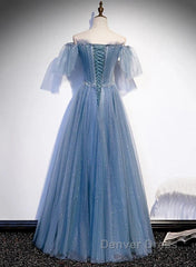 Charming Light Blue Tulle Puffy Sleeves Floor Length Party Dresses A-Line Pricess Gowns Prom Dresses Sparkly