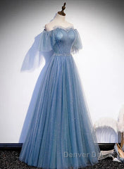Charming Light Blue Tulle Puffy Sleeves Floor Length Party Dresses A-Line Pricess Gowns Prom Dresses Sparkly
